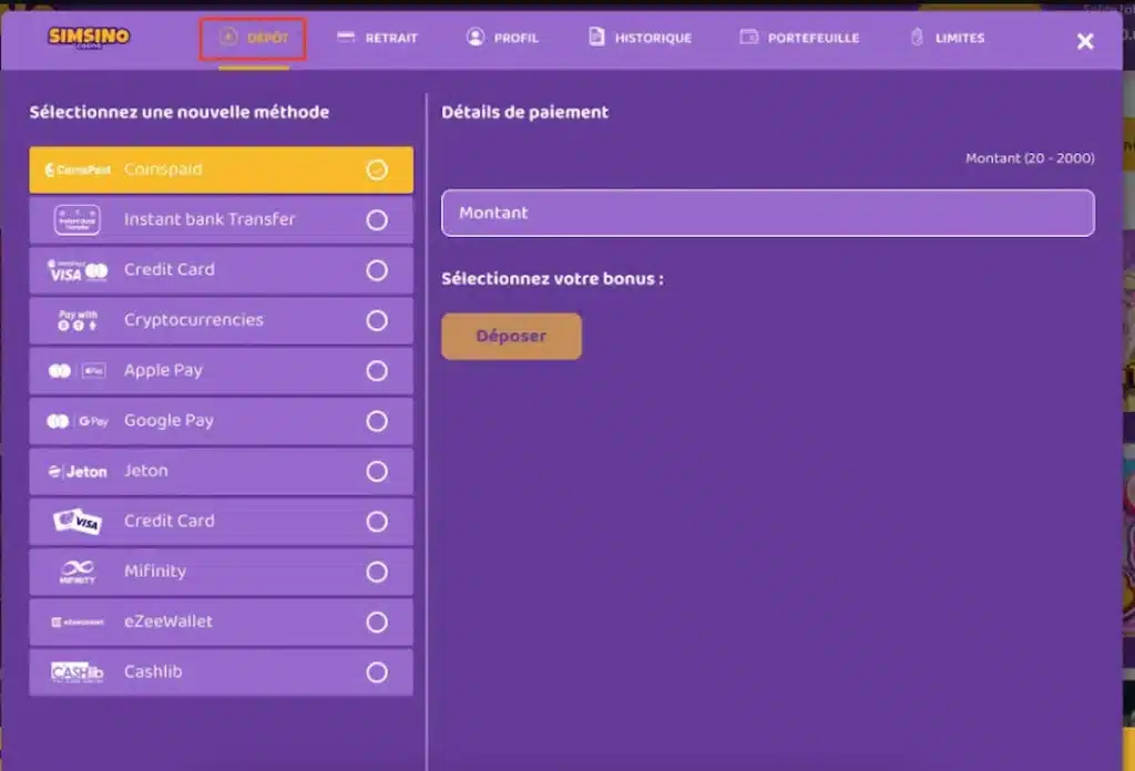 Moyens de paiment sur le casino en ligne Simsinos