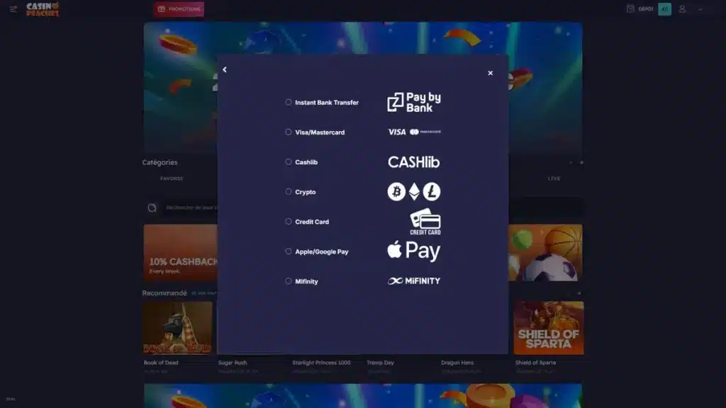 Moyens de paiment casino en ligne Casino Peaches