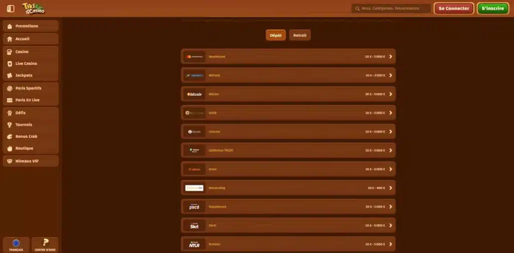 Moyens de paiment casino en ligne Tiki Casino