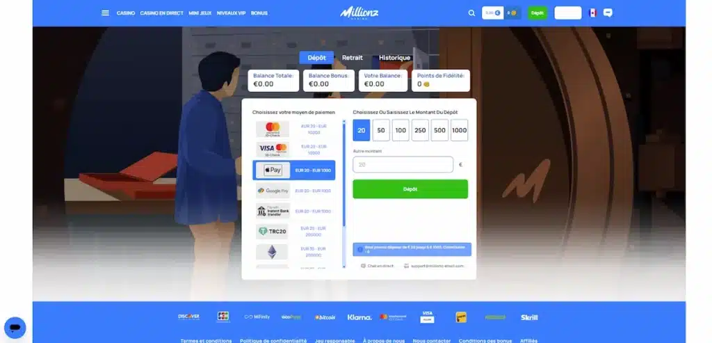 Comment dépôser sur Millionz casino